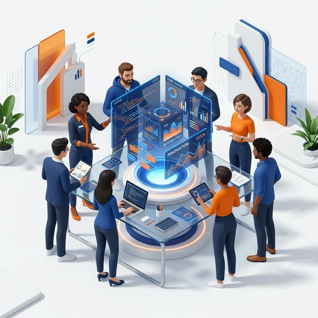 PrimeCodez team collaborating around holographic data displays in a modern workspace